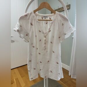 Madewell White Blouse with Tan and Mauve Embroidery